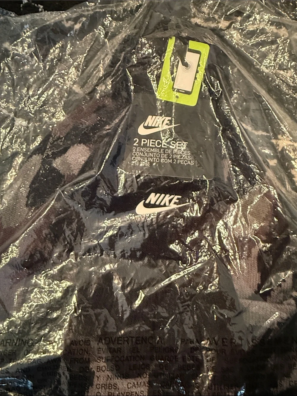 Nike Camo Black/Gray Knit Beanie with a black Pom-Pom. Black gloves to match.